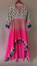 Handmade Silk Ombre High Low Dress Warli Print Mesh Back Artisan India M