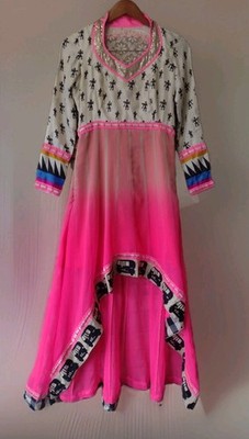 Handmade Silk Ombre High Low Dress Warli Print Mesh Back Artisan India M