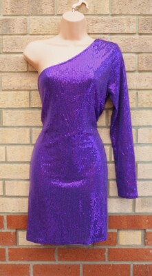 ROBE DE SOIRÉE PRIMARK VIOLET DISCO PAILLETTES UNE ÉPAULE MANCHES