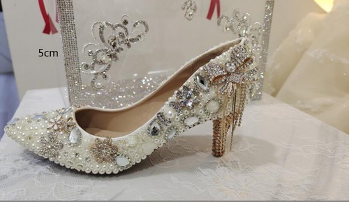 Women's Ponty Toe Pearl Beads Diamante Tassel High Heel Pump Wedding Shoes - Picture 9 of 13