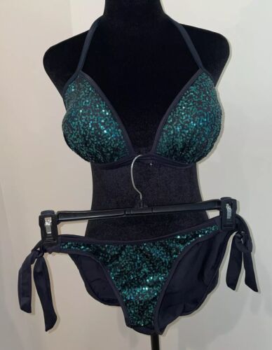 Venus Green Sequin Sparkly Bikini Top & Matching Bottom 2 Pc DD/12 - Picture 1 of 13
