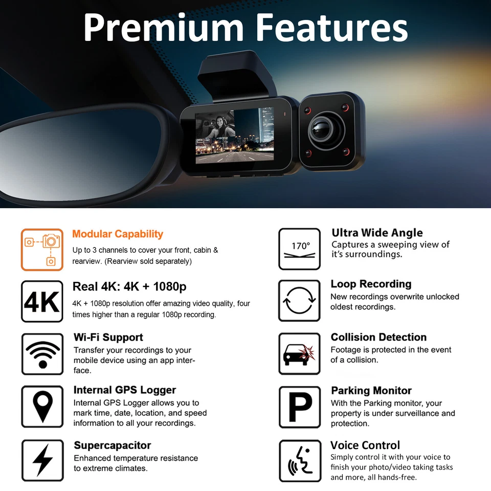 REXING V5C Basic Dash Cam Front 4K & 1080p Cabin Camera w/ Modular Capabilities - Image 2 of 4