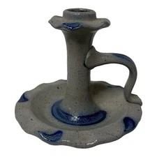 Rowe Pottery Works Salt Glaze Candle Holder Handcrafted Blue Folk Art 1992 VTG