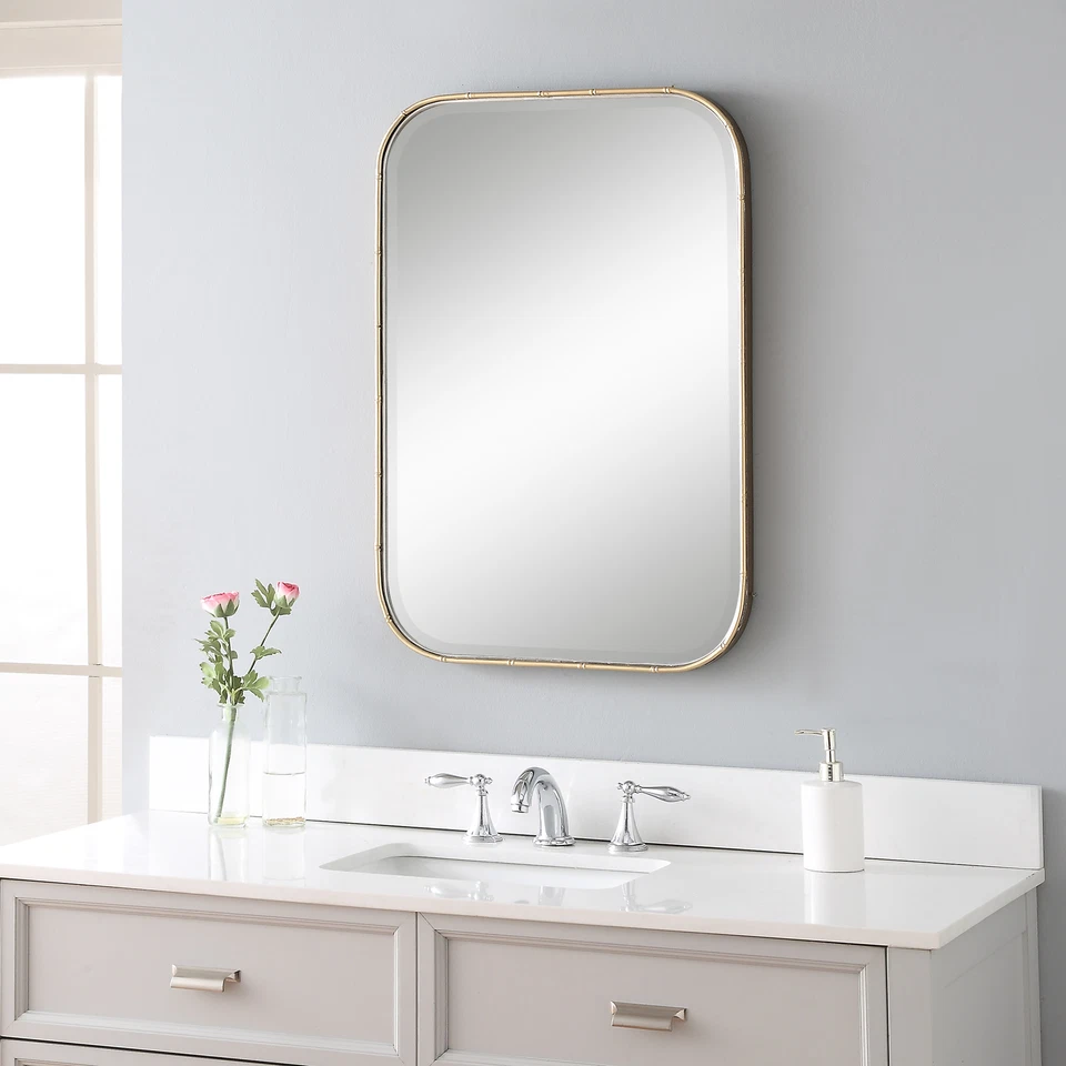 Minimalist Gold Metal Bamboo Wall Mirror Vanity Round Edge Rectangle Asian - Image 4 of 4