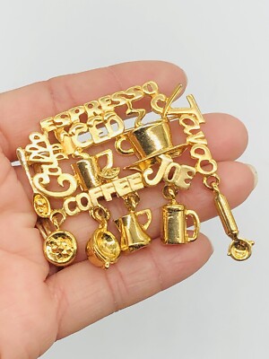 Vtg Unmarked Gold Tone Expresso Iced Coffee Java Joe Dangle Charms Brooch Pin