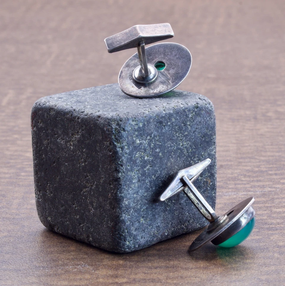 Juego de gemelos vintage de plata esterlina de jade verde jadita cabujón piedras preciosas Foto 2 de 2