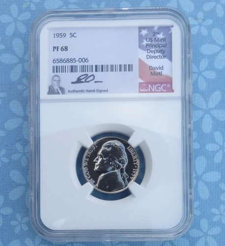 1959 NGC PF 68 Jefferson Nickel, Gem Proof 68, David Motl Autographed, Pop 3
