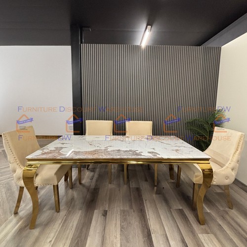 Gold 180cm x 90cm 4-Leg Cream Marble Dining Table with 4 Buttoned Back Chair Set - Picture 4 of 9
