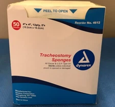 Dynarex 4612 Tracheostomy Sponges, 4" x 4", 12 ply - box of 50 pouches