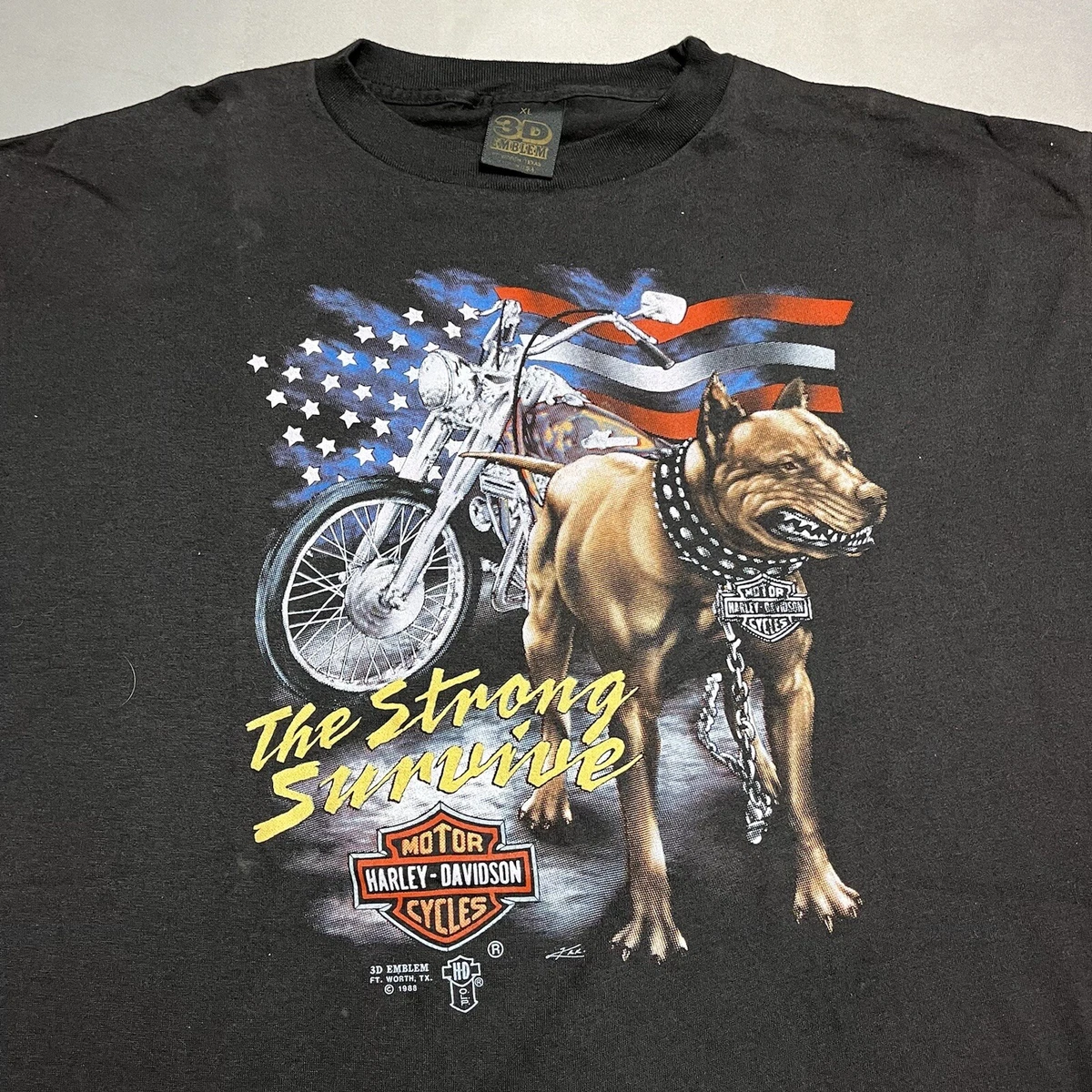 Vintage 80s 3D Emblem Harley Davidson Strong Survive USA flag T Shirt XL