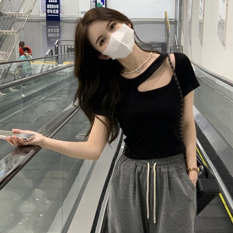 Women's Fashion Trend Hollow Simple Slim Casual Short Short-sleeved T-shirt Top