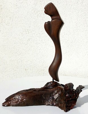 ABSTRACT MODERNIST HAND CARVED WOOD FIGURE SCULPTURE BURL BASE MCM DANISH MODERN