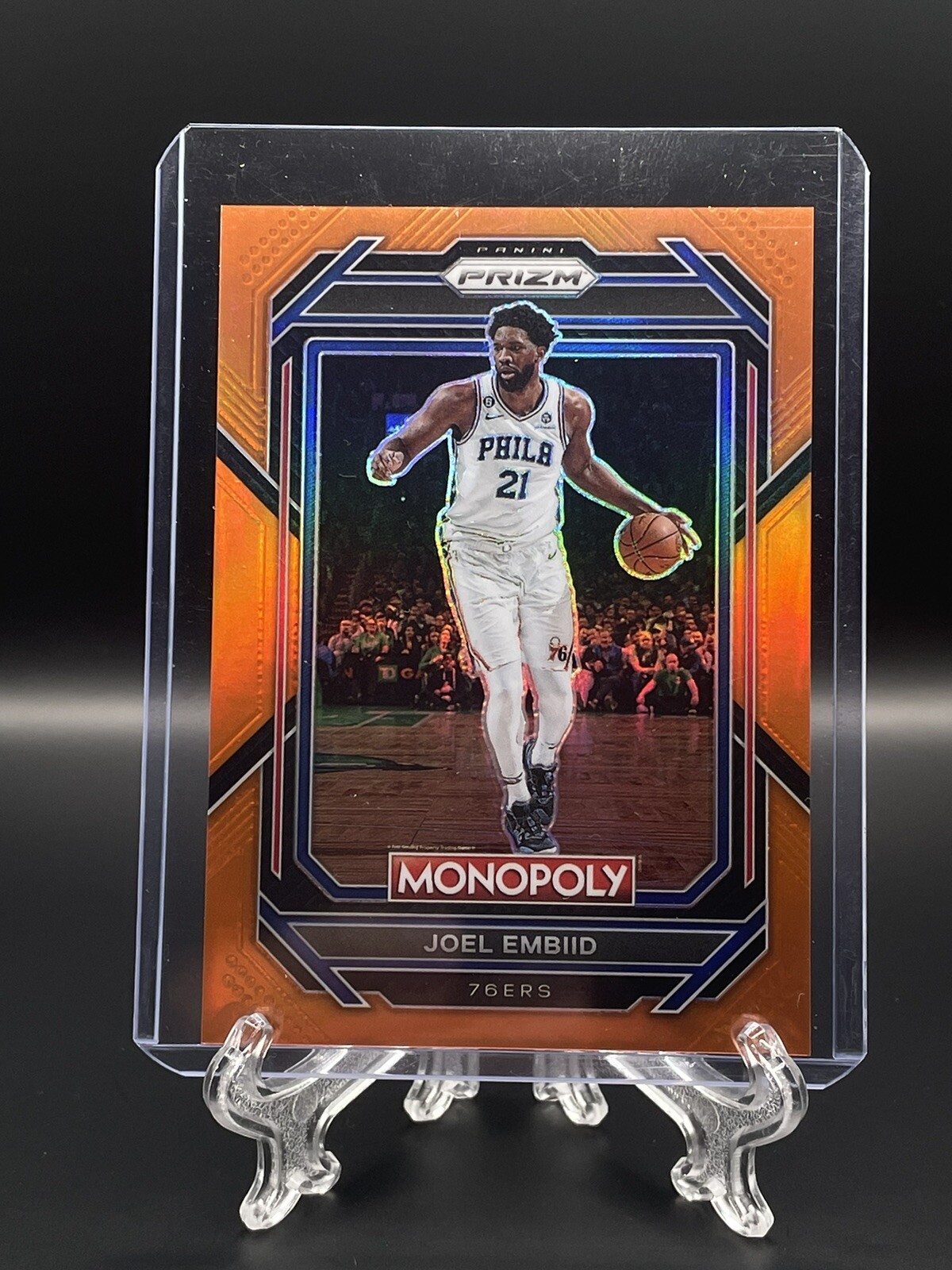 2022-23 Panini Prizm NBA Monopoly #67 Joel Embiid Orange Prizm 037/124 76ers MVP