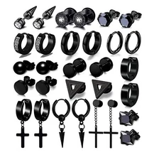 15 Pairs Earrings for Men, Black Stainless Steel Earrings Stud Kit for Men
