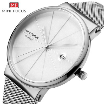 MINI FOCUS Mens Watch Quartz Ultra Thin Steel Mesh Strap Date Display Wristwatch