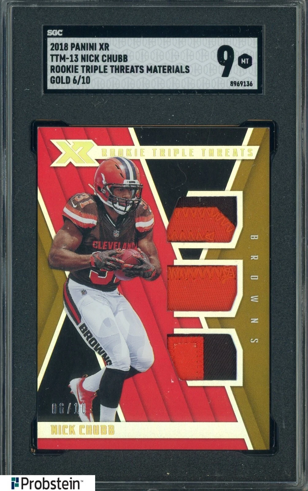 Nick Chubb Panini XR Rookie Triple Threats Materials #TTM13 Gold