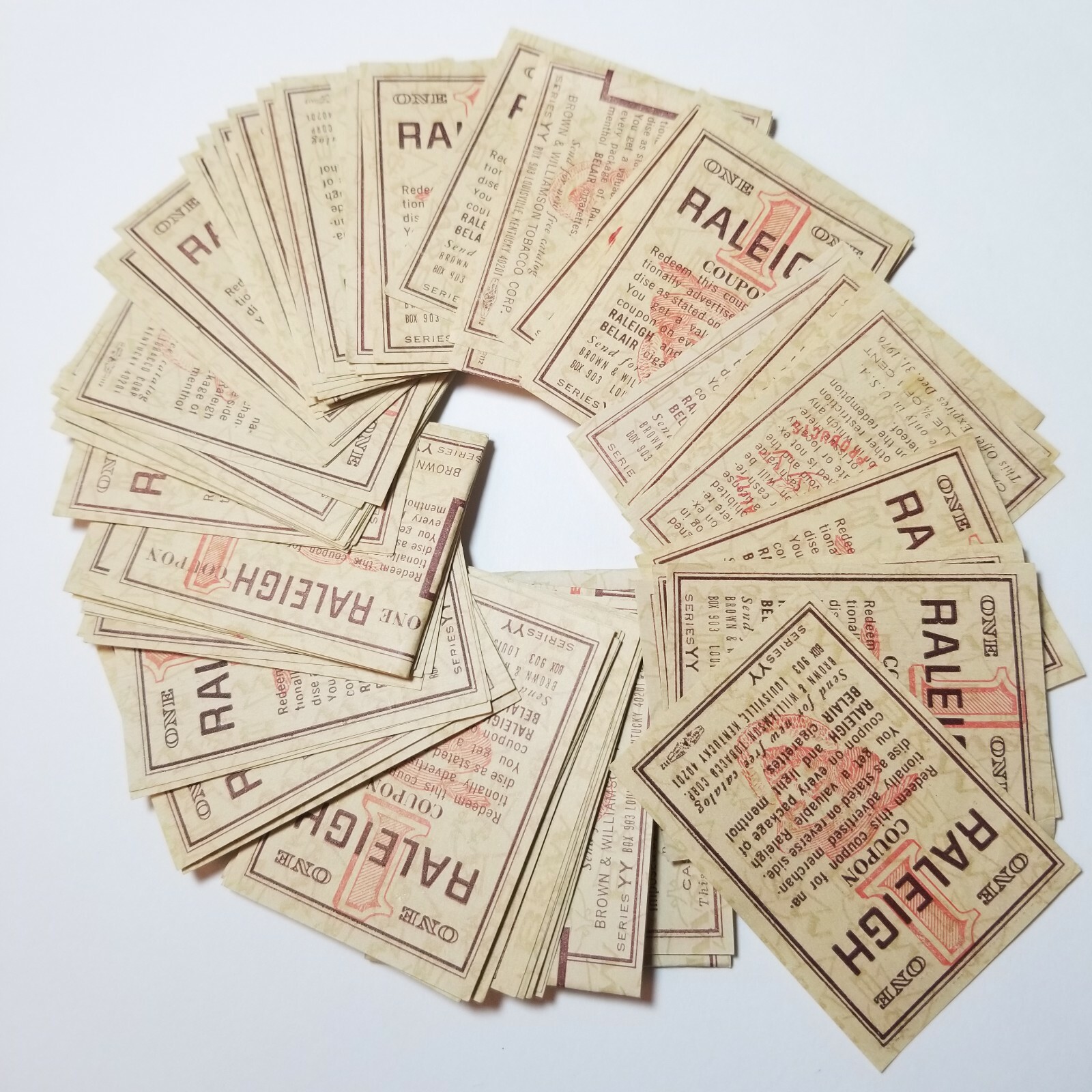 Lot of 100 Vintage 1976 B&W Coupons from Raleigh & Belair Cigarettes