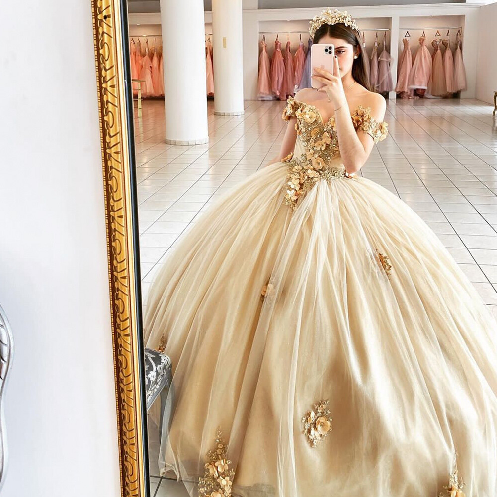 Champagne Beaded Quinceanera Dresses Off Shoulder Sweet 15 16 Party Ball  Gowns | eBay