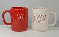 Rae Dunn Naughty & Nice (202) & Cocoa (181) Set of 2 Coffee Tea Artisan Mugs