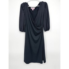 BY Design Black Faux Wrap Puff Sleeve Ruched V-Neck Midi Dress Womens Size M