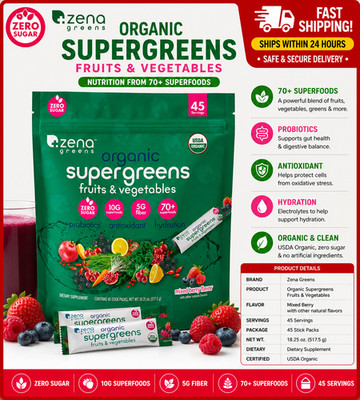 Zena USDA Organic Supergreens Fruits & Vegetables Powder, 45 Stick Packets
