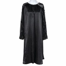 Vtg Natori Black Satin Lounger Gown Sheer Floral Lace Sleeves Small S7207G 90s