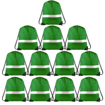 12 PCS Drawstring Backpack Bulk Reflective Dark Green String Cinch Sack Sport