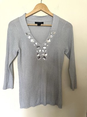 August Silk Metallic Gray Knit Top Women s Sz Large Beaded V Neck 3/4 Sleeve