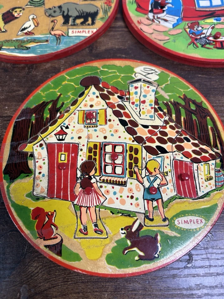 Lot Of 3 Simplex Circle Wood Puzzles - Animals , Hansel Gretel , Shoe House - Image 4 of 4