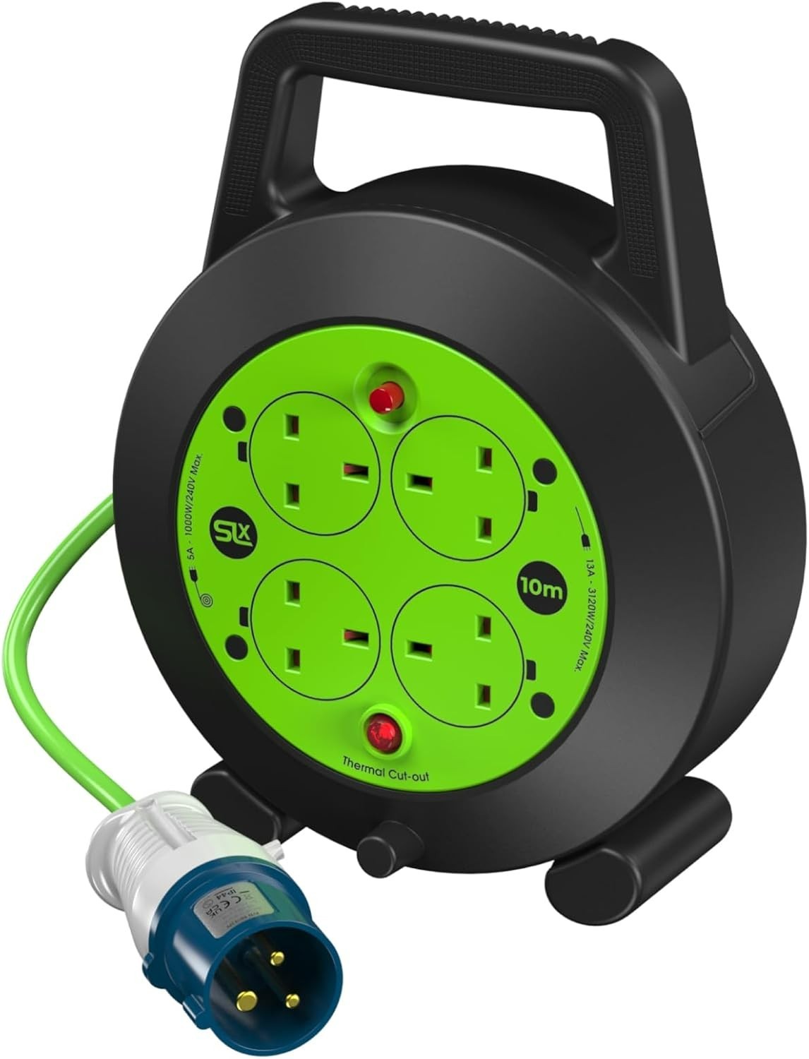 SLx 10m Camping Hook Up Extension Lead Reel 16A to 4x 13A Sockets