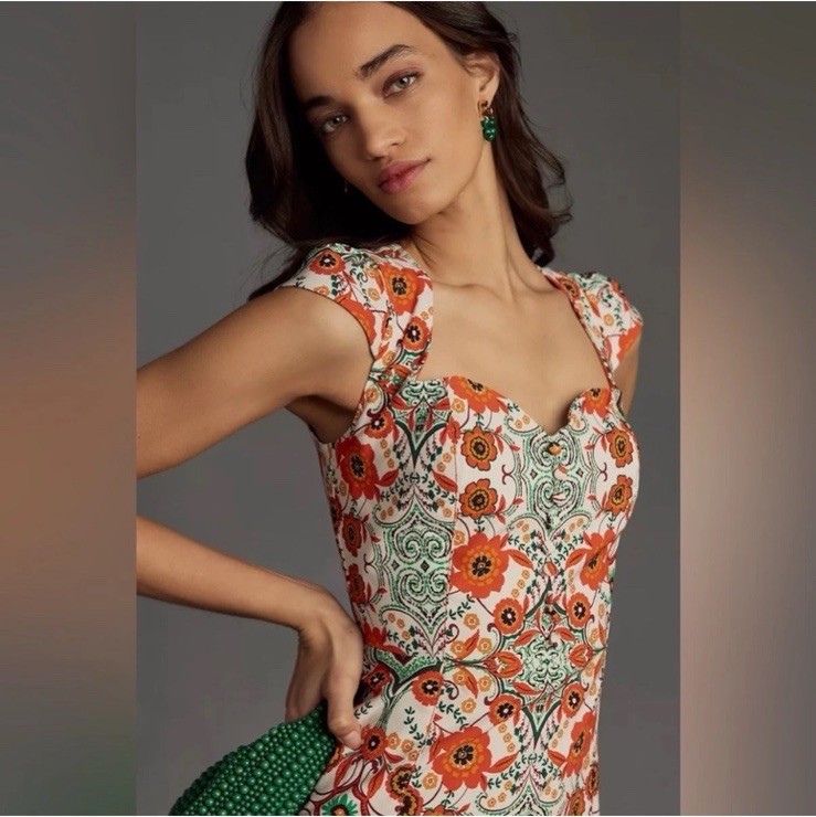 NWT ANTHROPOLOGIE The Cecily Fit & Flare Sweetheart Dress Size M Orange Floral