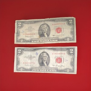 Lot of 2 1963 $2 United States Notes Red Seal, Uncertified Ungraded Circulated