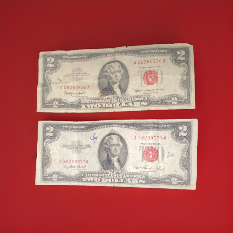 Lot of 2 1963 $2 United States Notes Red Seal, Uncertified Ungraded Circulated