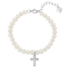 925 Sterling Silver Adjustable White Cultured Pearl  Cross Bracelet for Girls