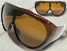 Oversize Exaggerated Modern Retro Wrap Shield SUNGLASSES Large Thick Brown Frame
