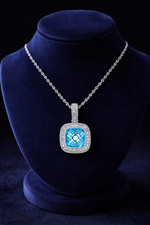 Swiss Blue Topaz Cushion Pendant With Diamonds 9ct White Gold 16" Length Chain