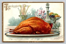 1899 Raphael Tuck Thanksgiving Day Postcard Roasted Turkey Feast Art