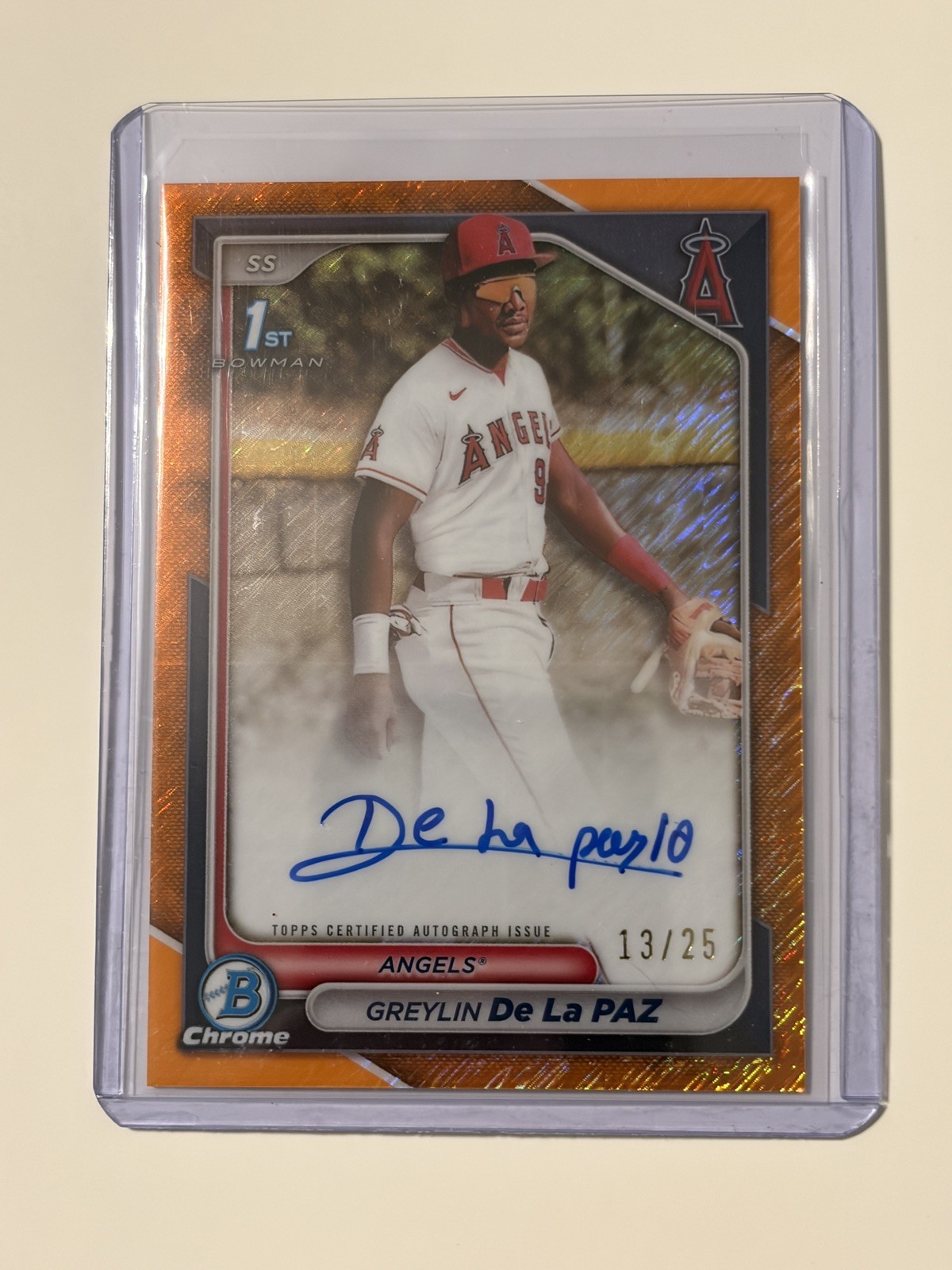 2024 Bowman 1st Chrome Autograph Orange Shimmer Greylin De La Paz 13/25
