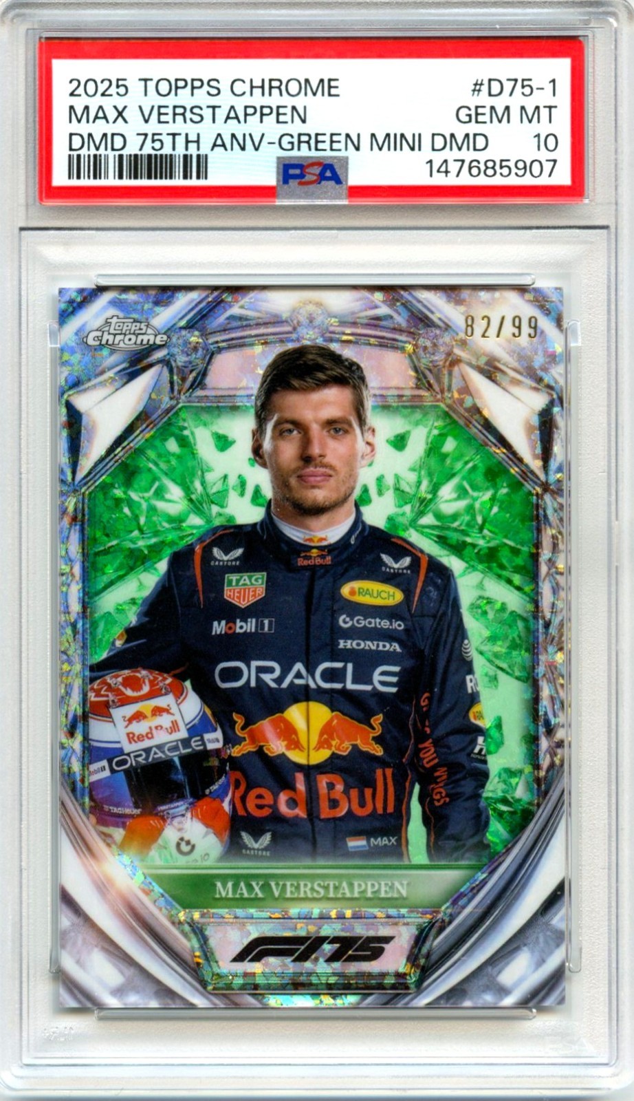 MAX VERSTAPPEN 2025 TOPPS CHROME F1 GREEN DIAMOND 75TH ANNIVERSARY 82/99 PSA 10
