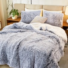 Luxury Faux Fur Shaggy Fluffy Comforter Set Full/Queen Size Mixed Gray and Wh...