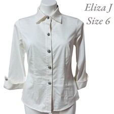 Eliza J Collared 3/4 Sleeve Blouse Top with Rhinestone Buttons, Size 6