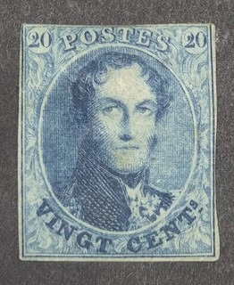 BELGIUM King Leopold 20c Blue Mint No Gum Central Thin €400