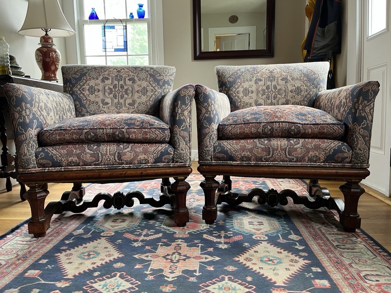 Pair of American Renaissance Revival Walnut Library Armchairs Circa 1875–1895