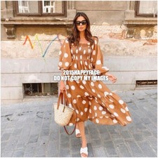 H&M SS2020 TREND OFF THE SHOULDER BROWN SPOTTED DRESS BLOGGERS SOLD OUT HOLIDAYS
