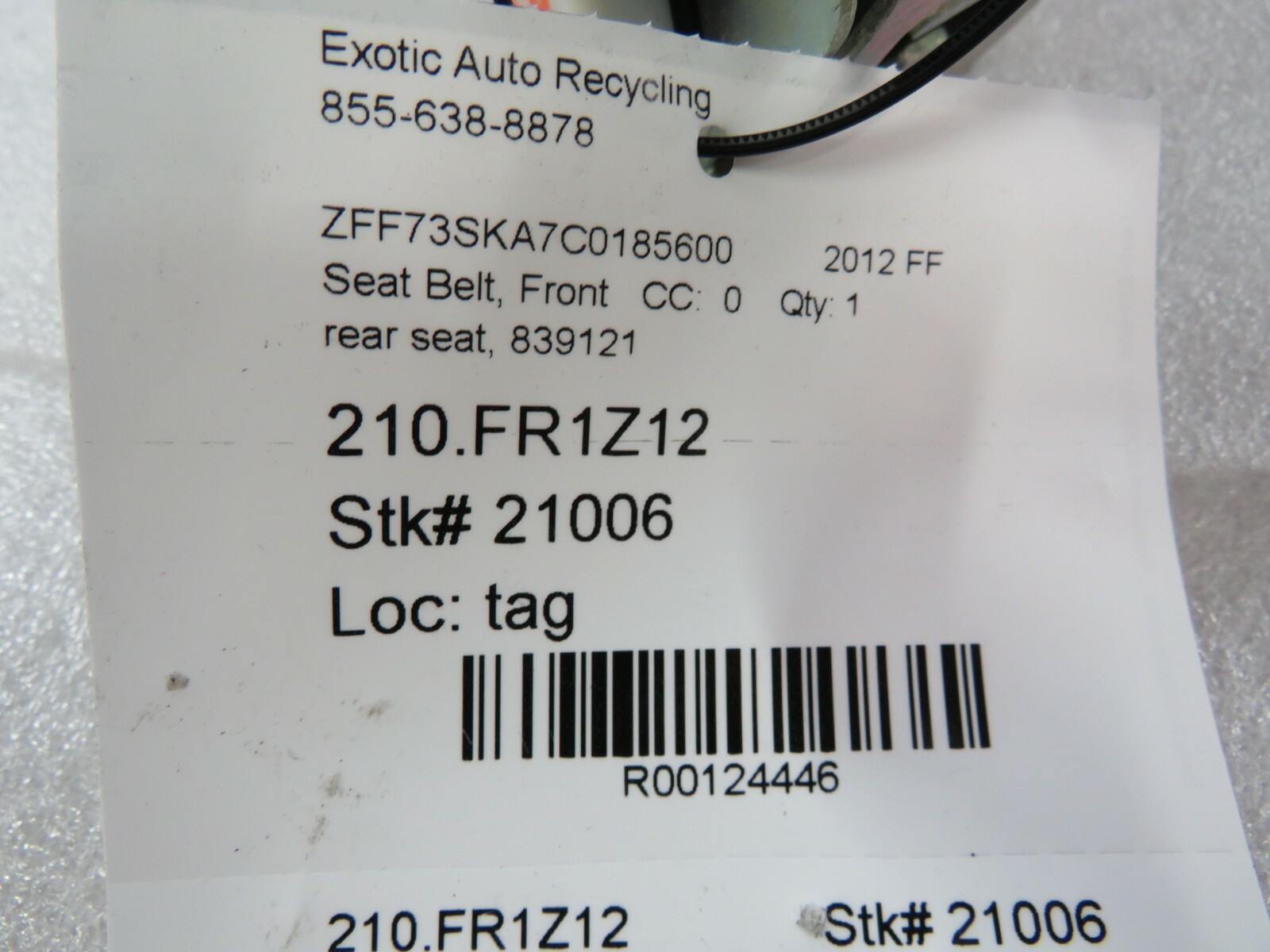 Ferrari FF, Rear Seat Belt, Used, P/N 839121