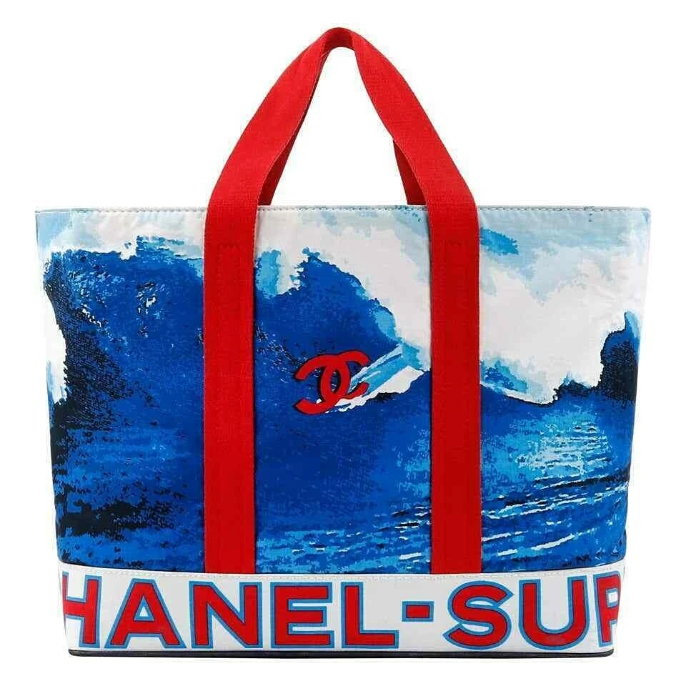 CHANEL c.2002 Red White Blue CC Surf Wave Canvas Beach Bag Large