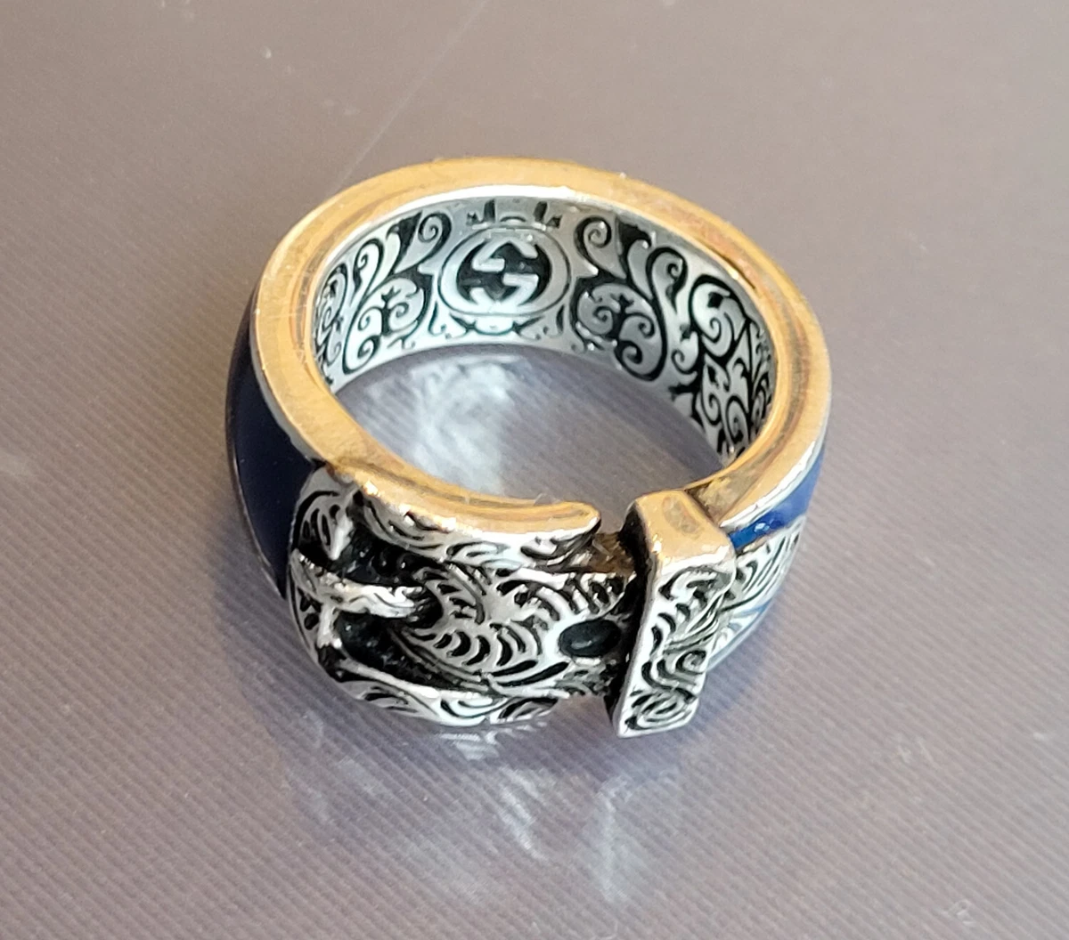 Gucci Garden Silver Enamelle Blue Feline Tiger Cat Head Ring Size 7 17.3mm gift
