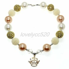 Crystal Golden Crown Chunky Beads Kids Gumball Bubblegum Fashion Women Necklace