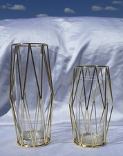 Modern Geometric Gold Metal Vases w/glass cylinder vases 11x5", 9x5"  4pcs