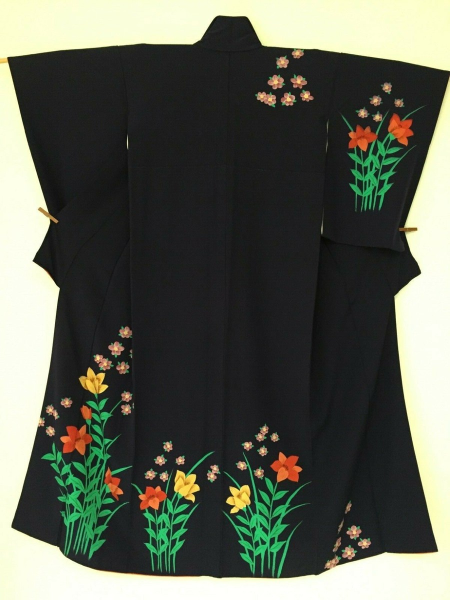 Vintage Japanese Silk Kimono, Flower, Navy Blue K1407 | eBay